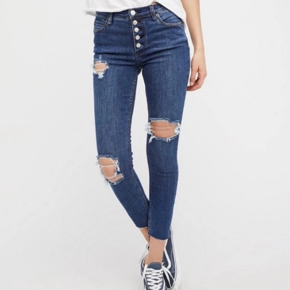Free People Denim - FREE PEOPLE Distressed Button Fly Blue Denim Skinny Jeans 26